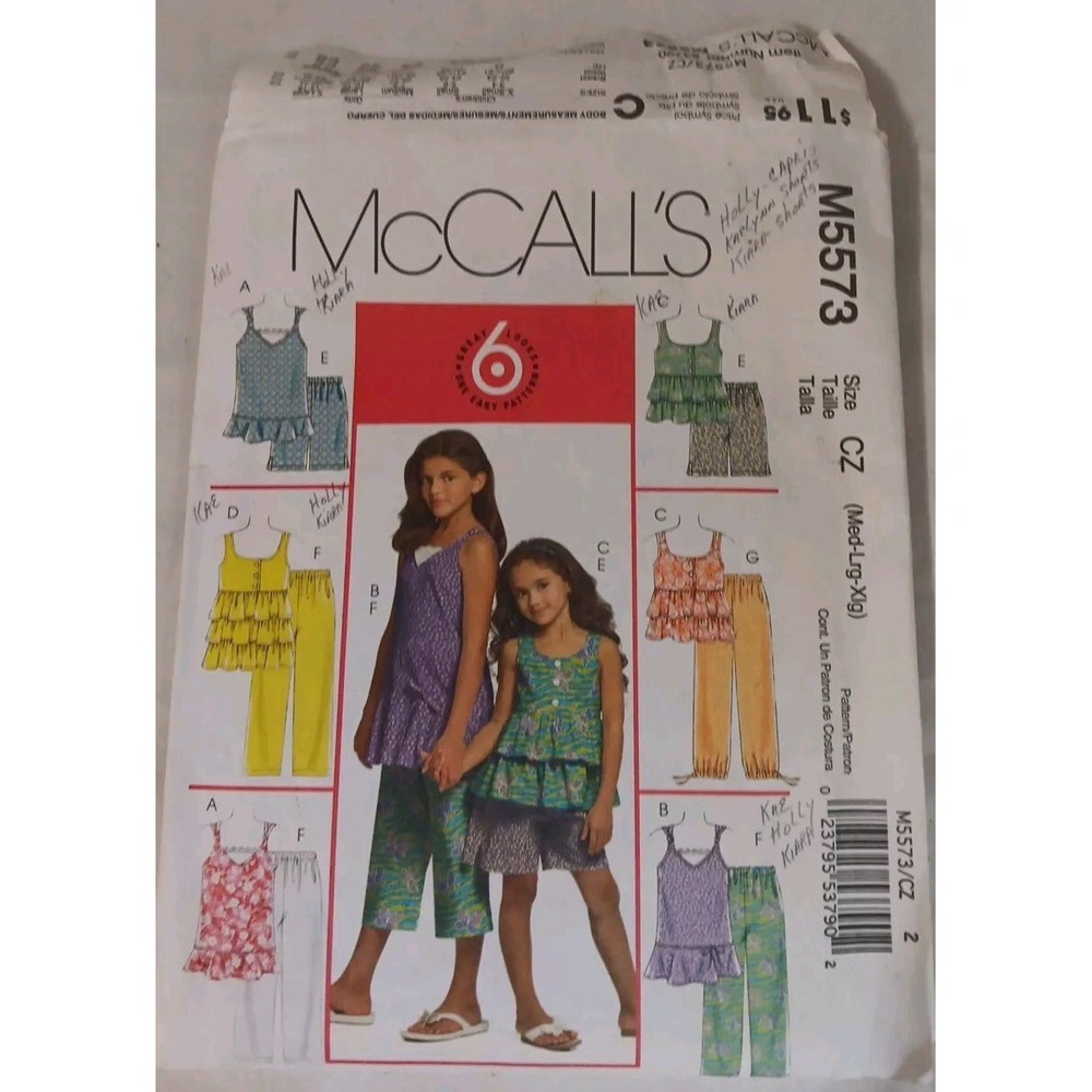 McCalls‎ Girl's Pattern Summer Tops Shorts Pants Sz M L XL 7 8 10 12 14 16  5573